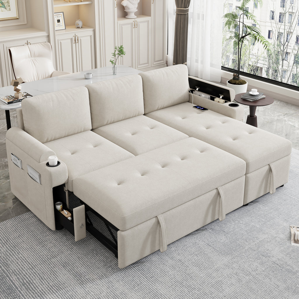Convertible L-shaped Beige Sofa Couch with Storage, Cup Holders, USB Ports, Chenille Fabric - Grand Goldman Shop
