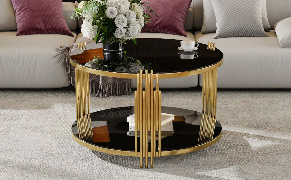 Modern Black Mirror Coffee Table, Asymmetrical Metal, Circular Metal Drum Base, Gold Finish & Lower Shelf - Grand Goldman Shop