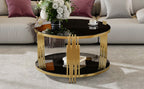Modern Black Mirror Coffee Table, Asymmetrical Metal, Circular Metal Drum Base, Gold Finish & Lower Shelf - Grand Goldman Shop