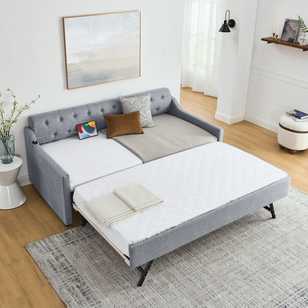 Linen Grey Mid-Century Style Twin Size Upholstered Daybed with Trundle and USB Charging Armrest - Grand Goldman Shop