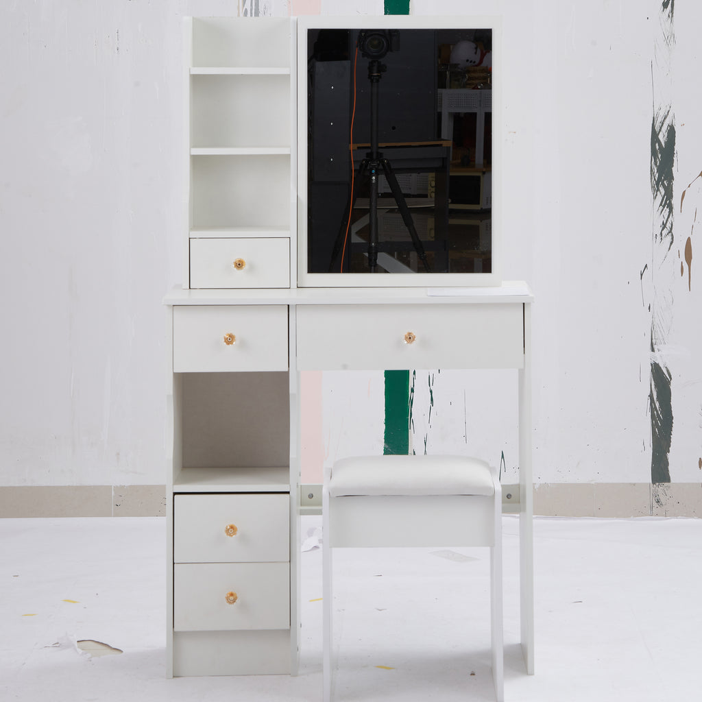 29.2' Small Size Left Drawer Desktop Vanity Table + Cushioned Stool, Extra Large Right sliding mirror, Multi Layer High Capacity Storage, Practical Fashionable Dresser, Suitable For Small Space - Grand Goldman Shop