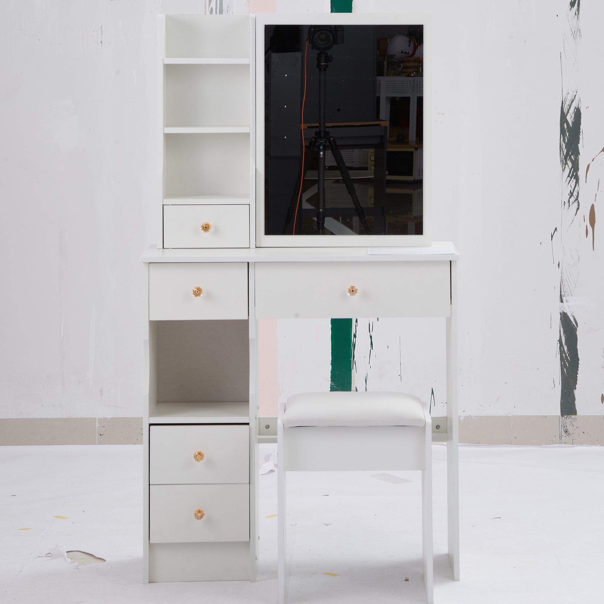 29.2' Small Space Left Drawer Desktop Vanity Table + Cushioned Stool, Extra Large Right sliding mirror, Multi Layer High Capacity Storage, Practical Fashionable Dresser, Suitable For Small Space - Grand Goldman Shop