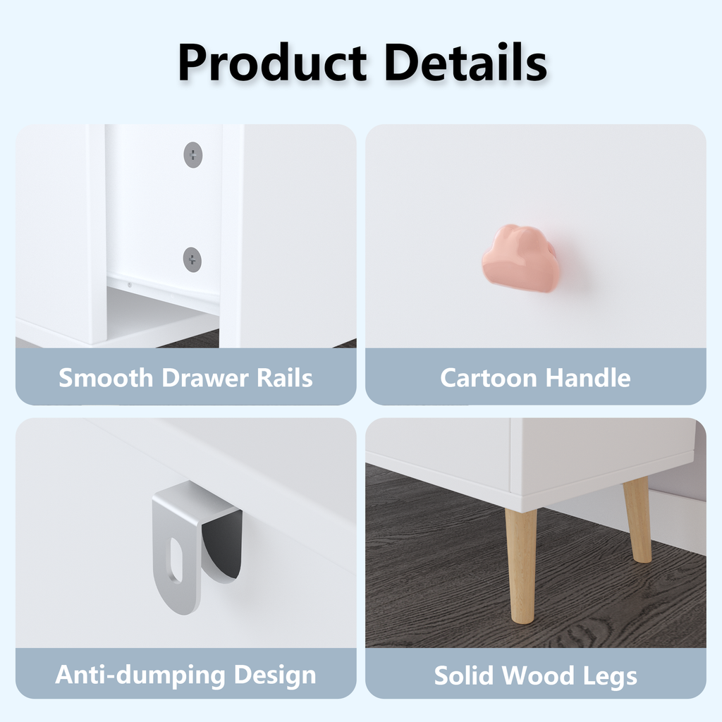 Kids 3 Drawer Dresser, White Nursery Storage Cabinet with Anti-Tip Safety Feature, Solid Wood and MDF Construction, Compact D