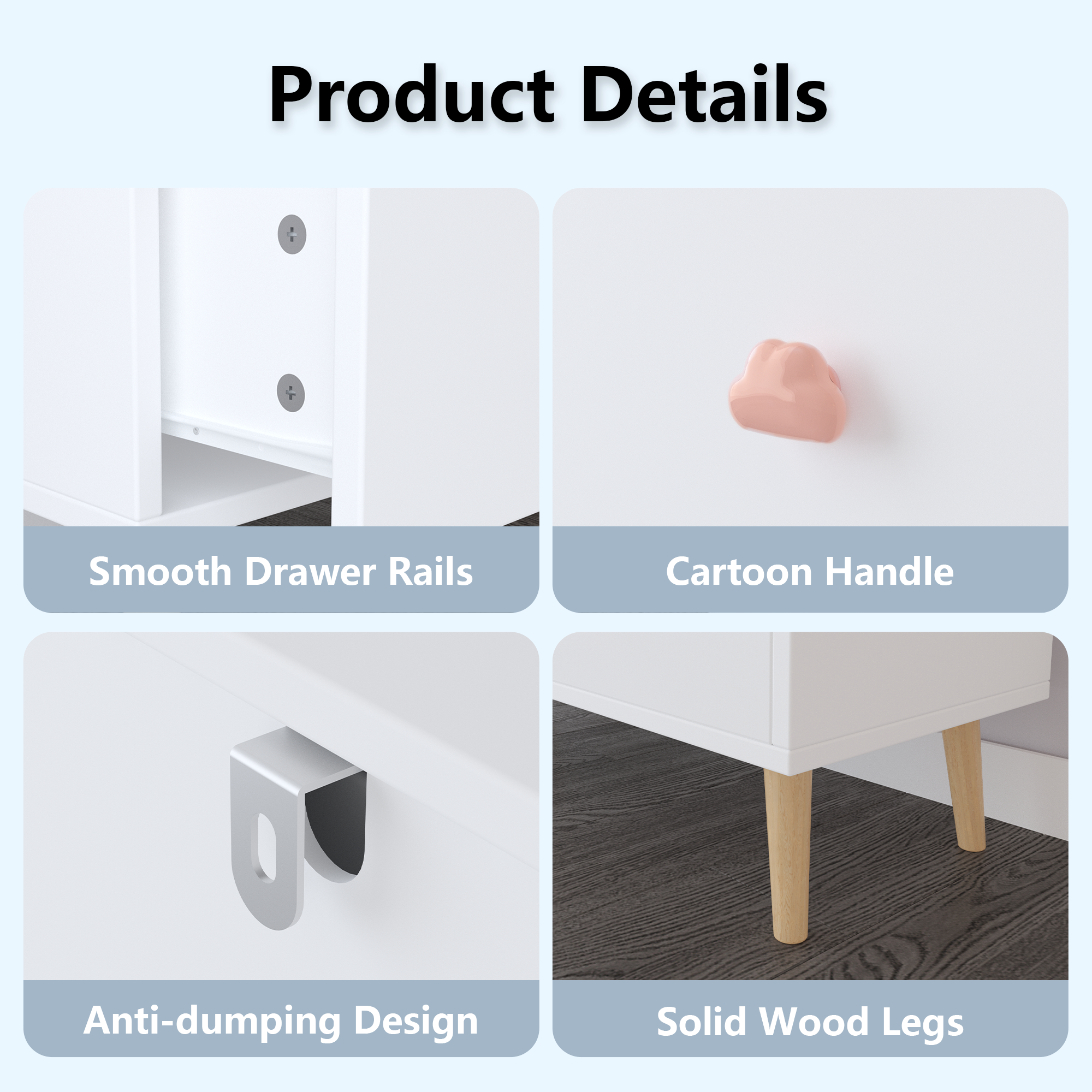 Kids 3 Drawer Dresser, White Nursery Storage Cabinet with Anti-Tip Safety Feature, Solid Wood and MDF Construction, Compact D