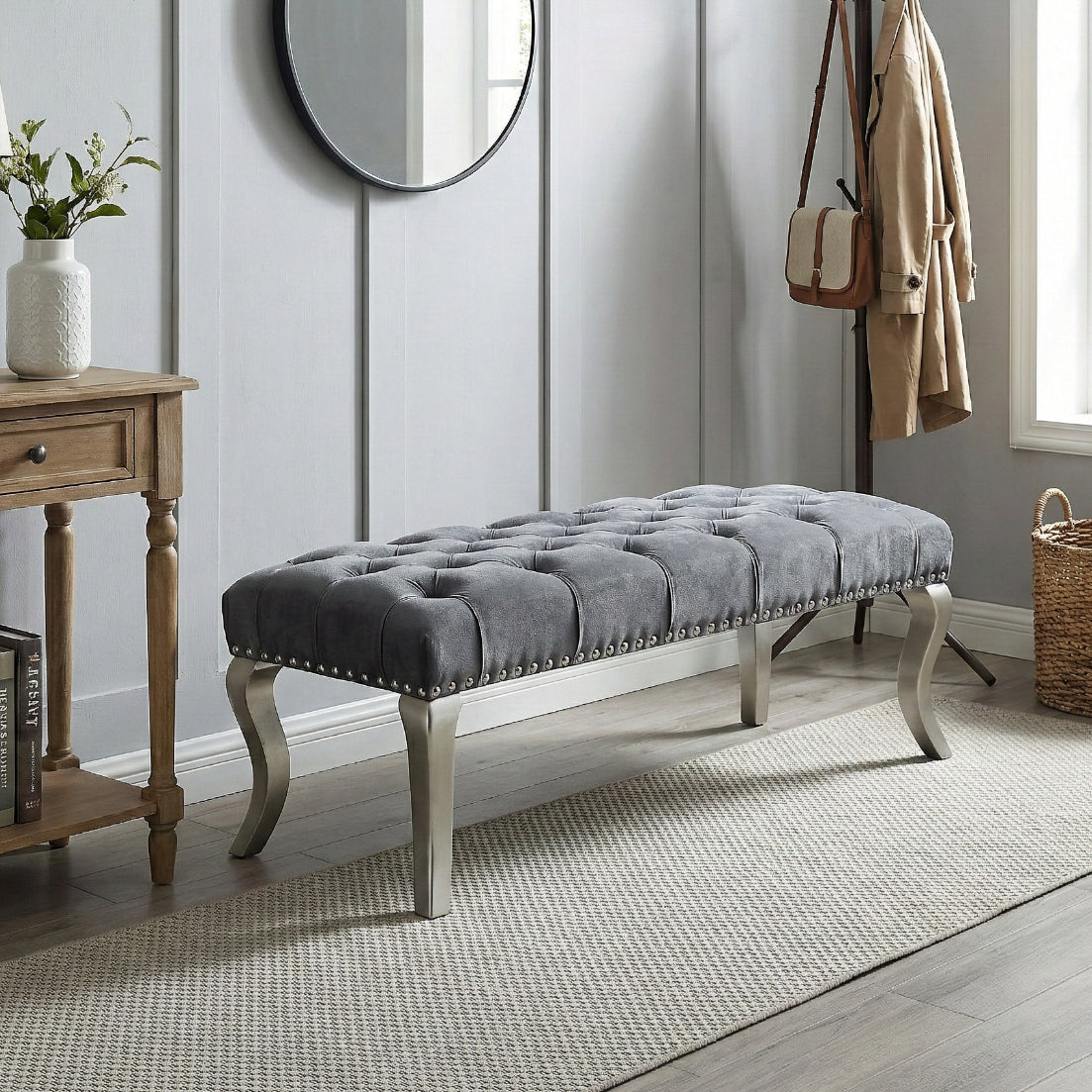 Decor Maxem Tufted Fabric Upholstered Bench Nailhead Trim , Gray - Grand Goldman Shop