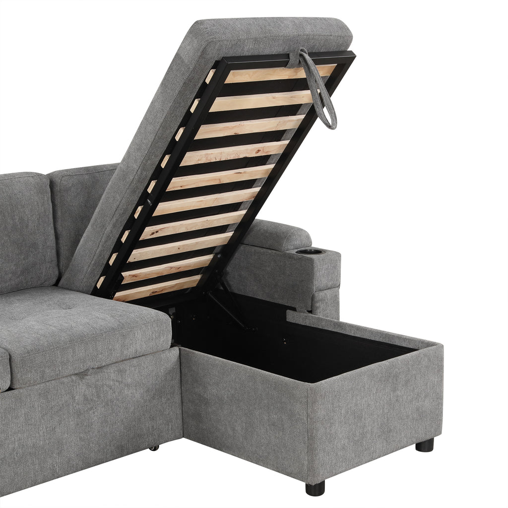 Modern L-shaped Convertible Sofa Bed with Storage, Cup Holders, USB Ports, Gray Chenille, 83.5' - Grand Goldman Shop