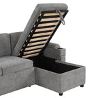 Modern L-shaped Convertible Sofa Bed with Storage, Cup Holders, USB Ports, Gray Chenille, 83.5' - Grand Goldman Shop