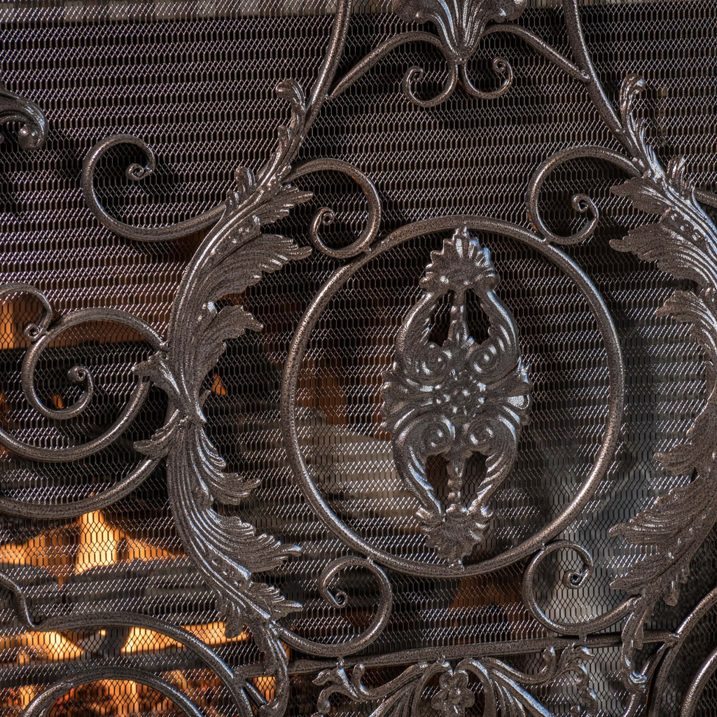 Waterbury Traditional Fireplace Screen with Gold Flower on Black Iron Frame, 53.50x36.50 - Grand Goldman Shop