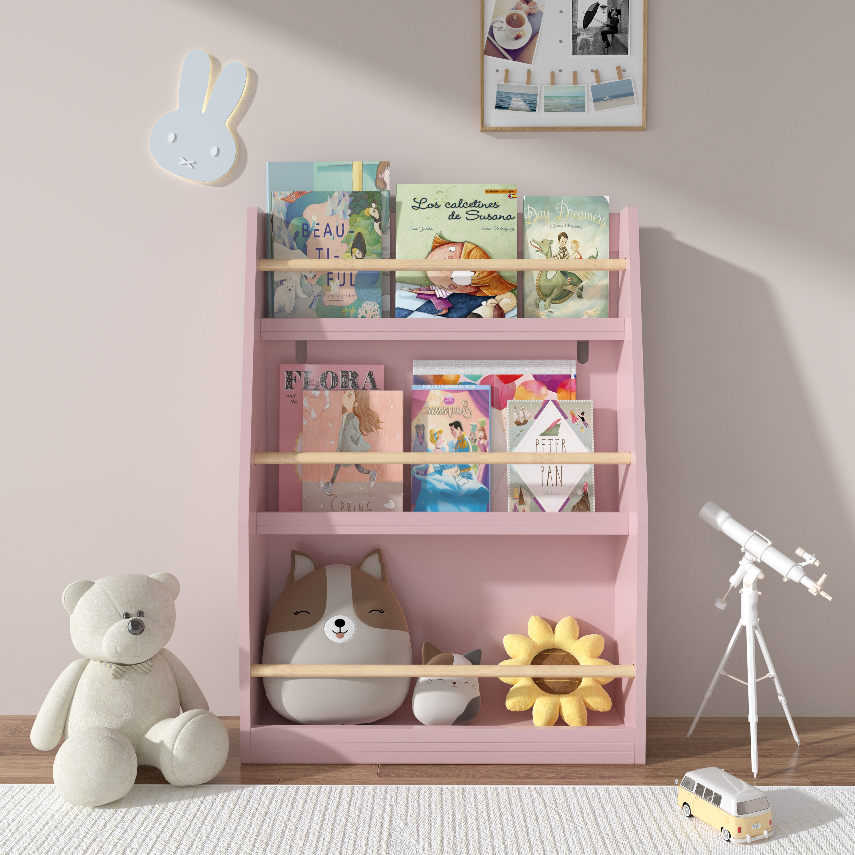 3-Tier Kids Book Shelf, Pink MDF & Pine Wood Storage Rack for Bedrooms, Playrooms, and Classrooms | Premium Home Decor - Gran