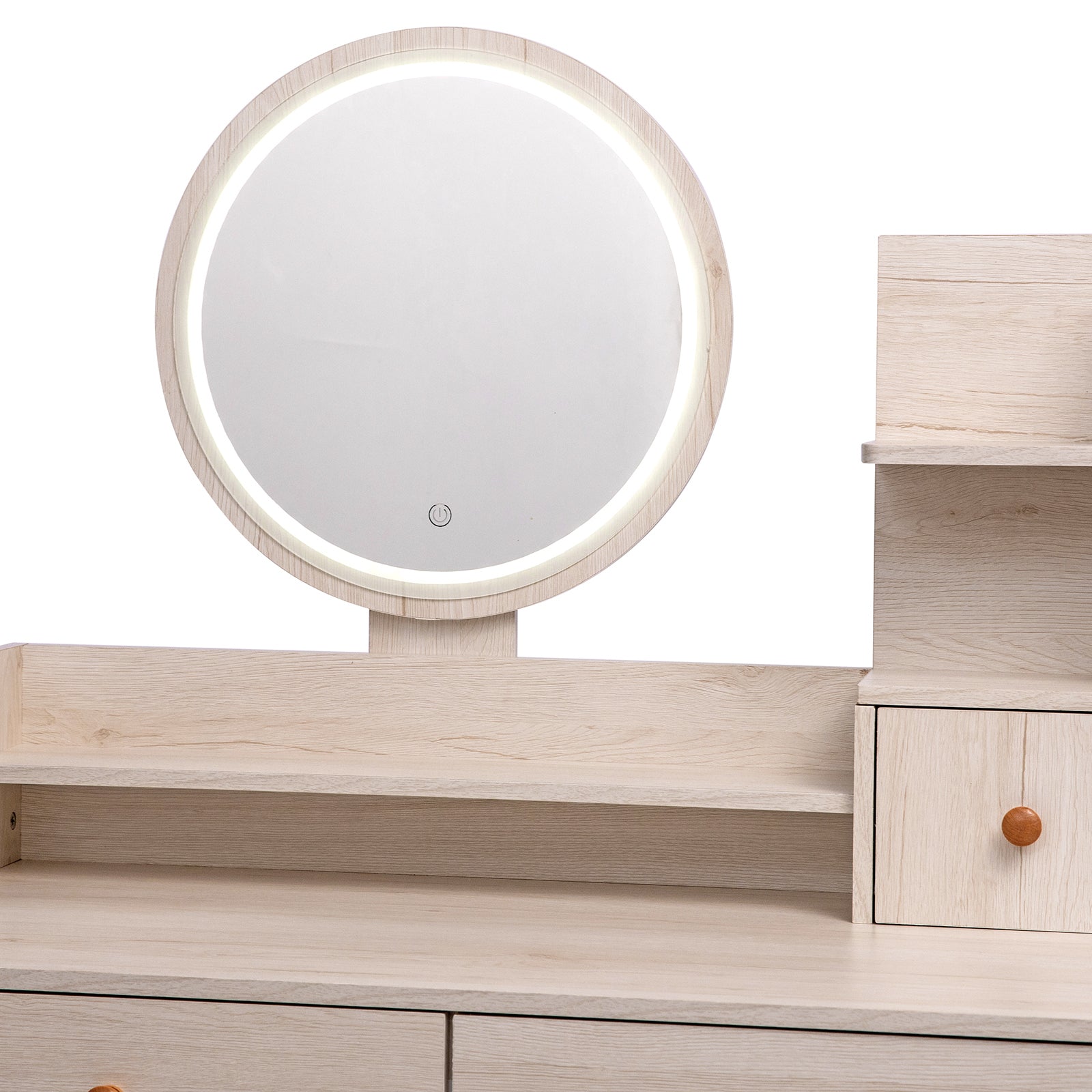 CRAZY ELF Stylish Vanity Table + Cushioned Stool, Touch Control LED Mirror, Large Capacity Storage Cabinet, 5 Drawers, Fashionable Makeup Furniture, Length Adjustable(L31.5'-43.2'x W15.8' x H48.1') - Grand Goldman Shop