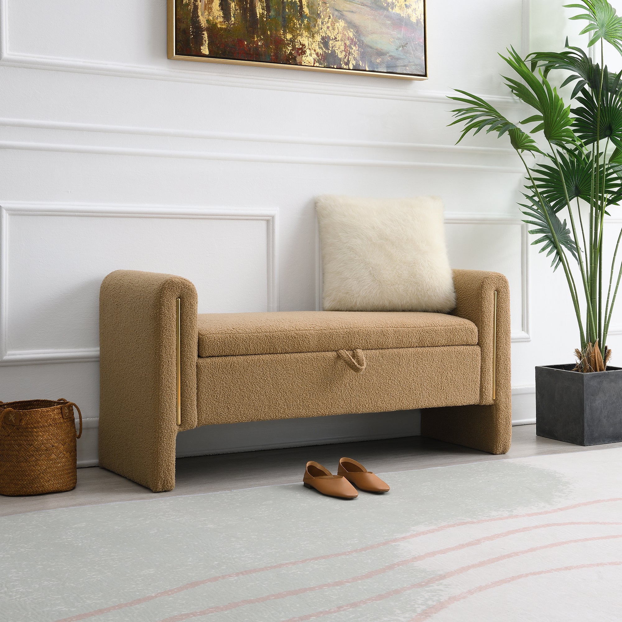 Modern Teddy Bed End Bench with Arms and Storage, Upholstered Foot Rest Stool, Coffee Color, Plywood, 52.3' Length - Grand Goldman Shop