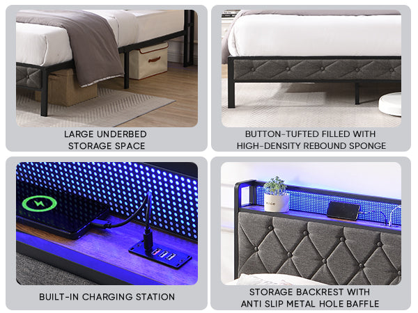 Full Bed Frame with  Storage Headboard, Charging Station and LED Lights, Upholstered Platform Bed with Heavy Metal Slats, No Box Spring Needed, Noise Free, Easy Assembly, Dark Gray - Grand Goldman Shop