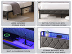 Full Bed Frame with  Storage Headboard, Charging Station and LED Lights, Upholstered Platform Bed with Heavy Metal Slats, No Box Spring Needed, Noise Free, Easy Assembly, Dark Gray - Grand Goldman Shop