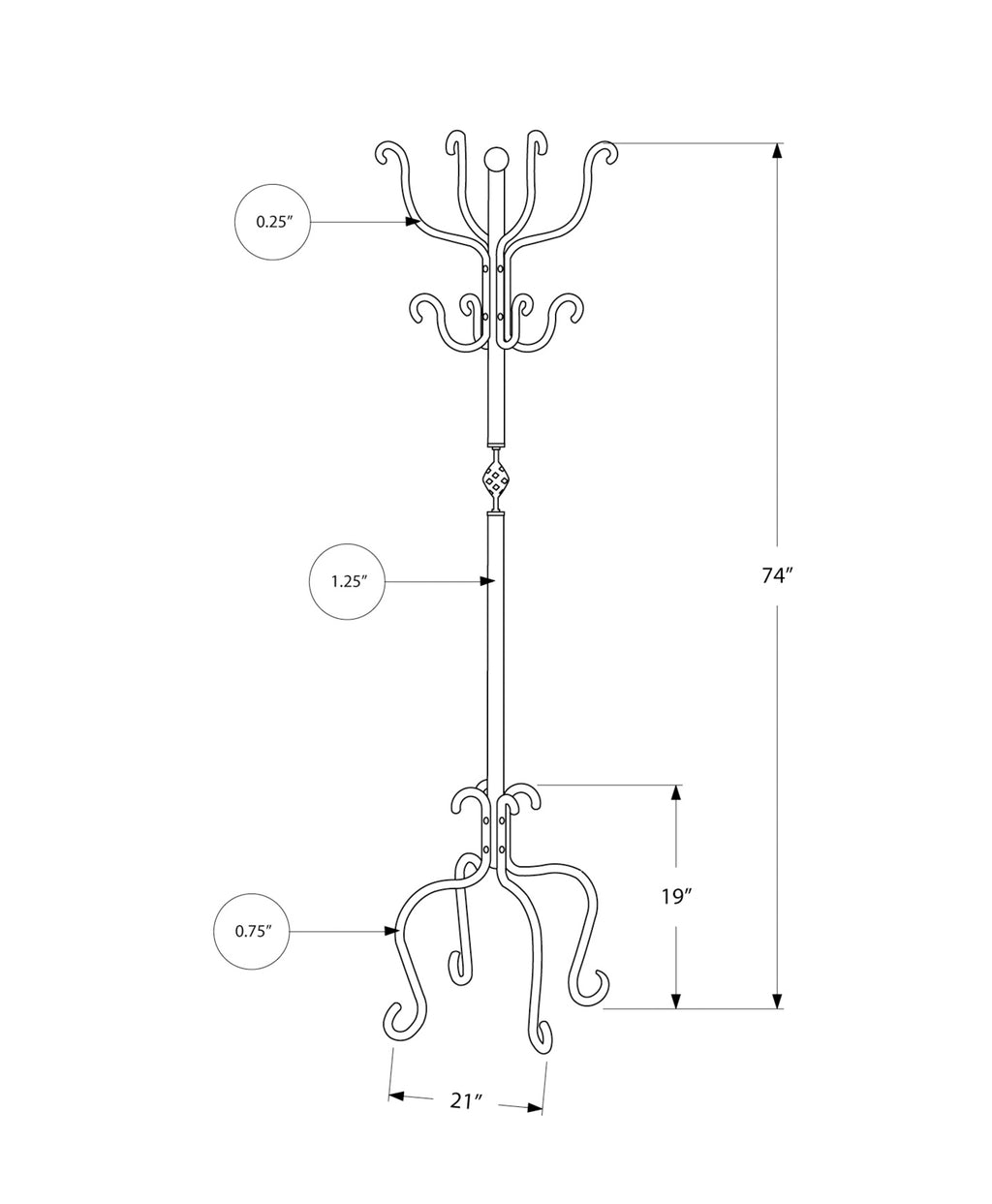 Coat Rack, Hall Tree, Free Standing, 8 Hooks, Entryway, 74'h, Bedroom, Black Metal, Transitional - Grand Goldman Shop