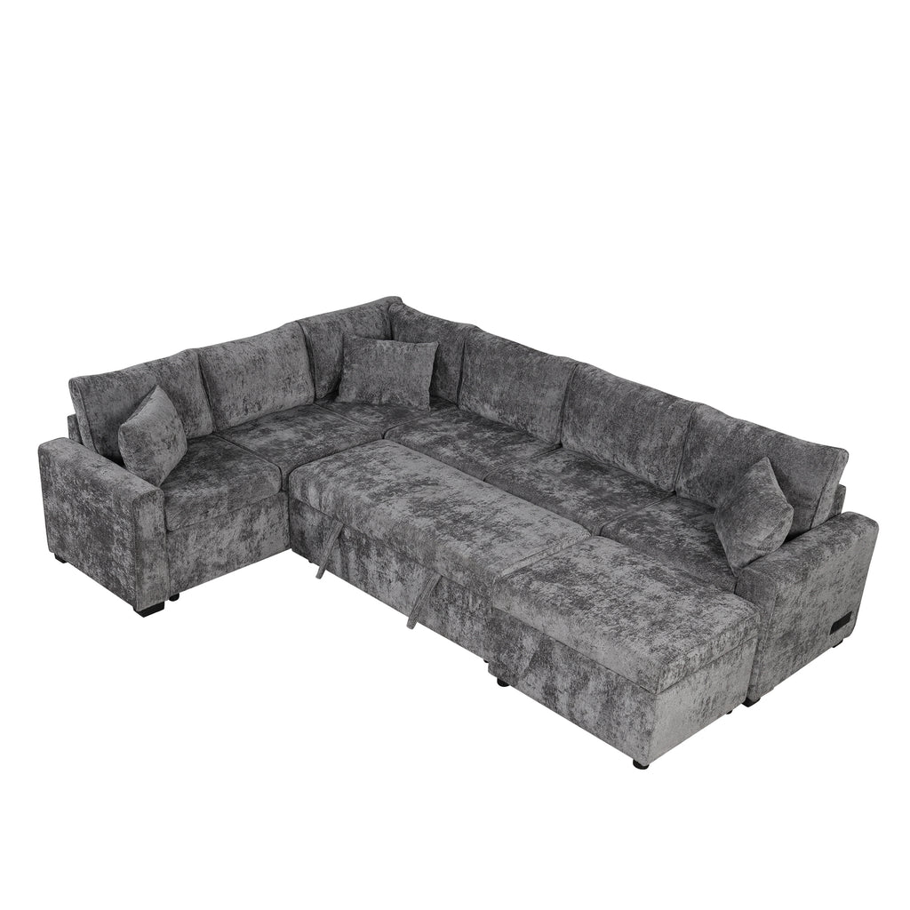 Modern Sectional Sofa Pull-out Sleeper with Storage Ottoman, USB Charging, Grey Tweed Chenille, 112.2' - Grand Goldman Shop