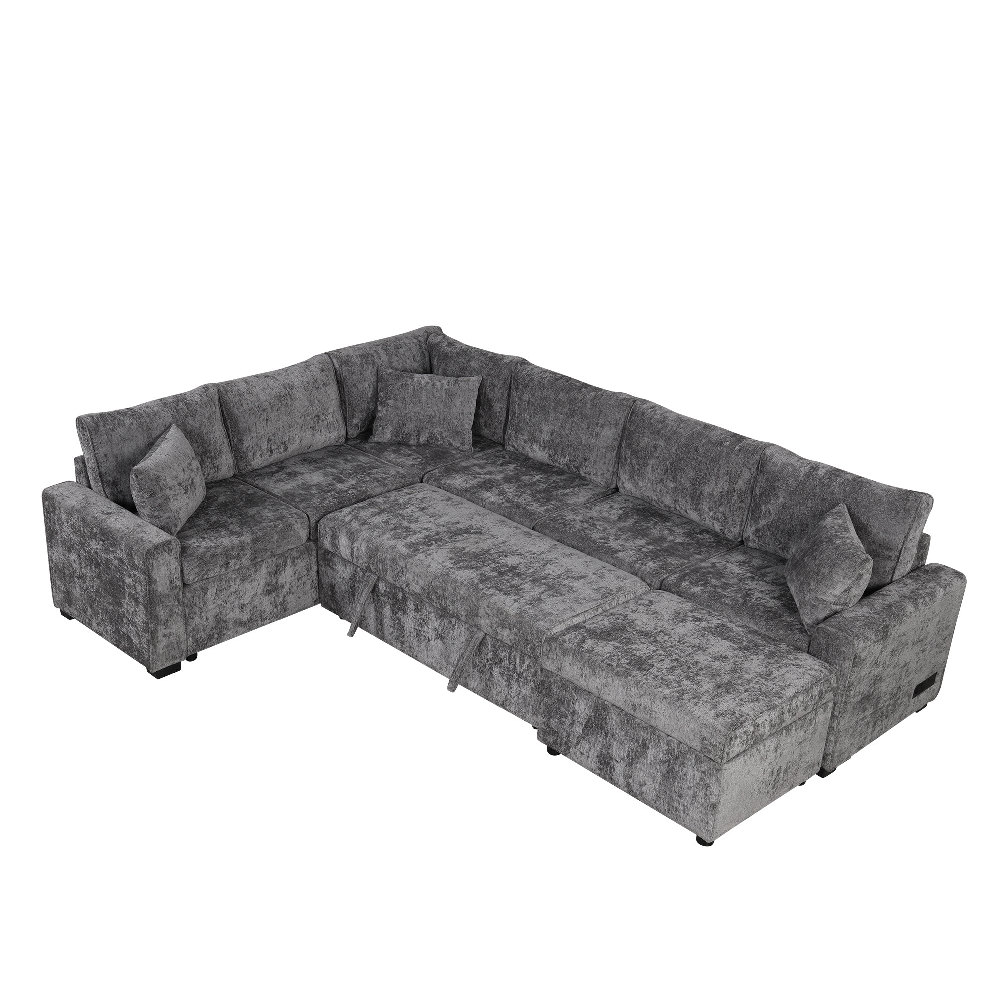 Modern Sectional Sofa Pull-out Sleeper with Storage Ottoman, USB Charging, Grey Tweed Chenille, 112.2' - Grand Goldman Shop