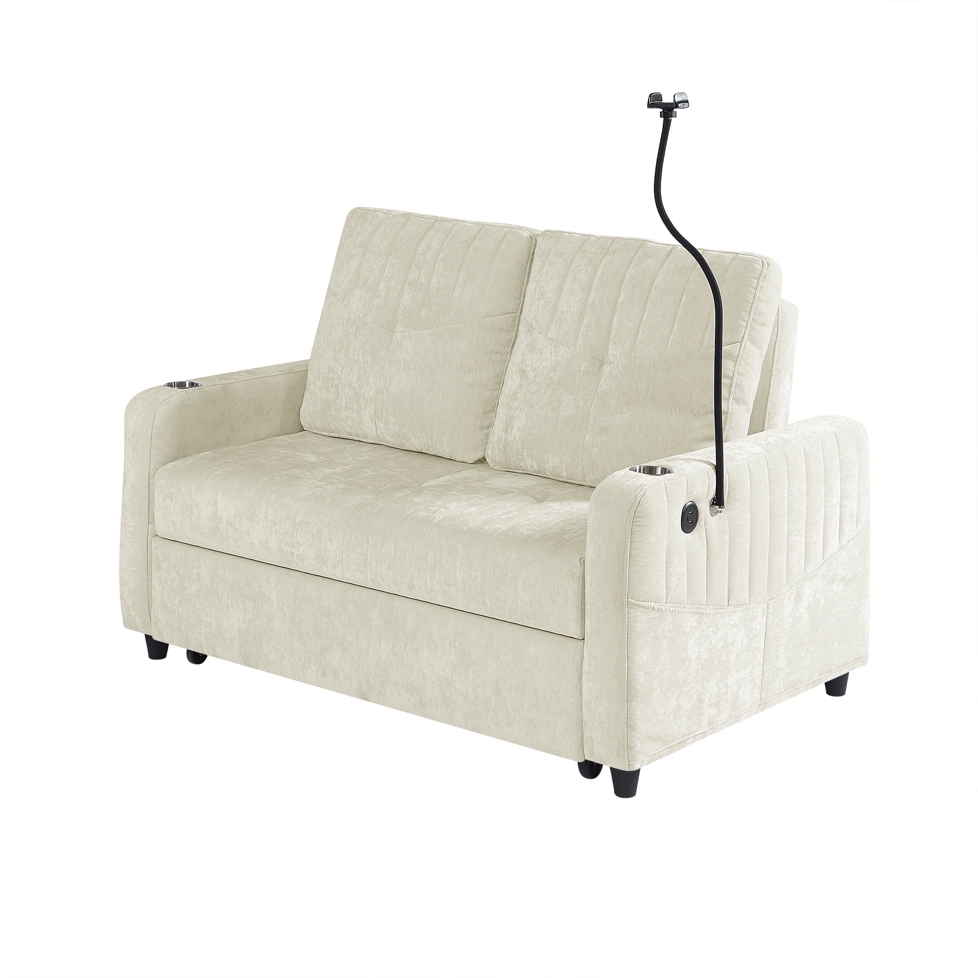 Modern 53.9' Loveseat Pull-out Sofa Bed with Adjustable Backrest, Cup Holders, Charging Ports & Side Storage in Beige Chenille - Grand Goldman Shop