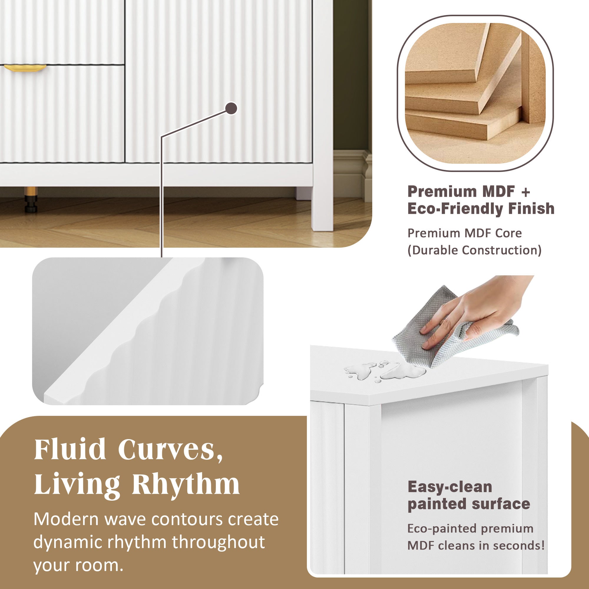 U_STYLE Sideboard with Wave Design - 3 Adjustable Shelves, 3 Drawers & Soft-Close Doors, Storage Console Table with Metal Handles, Suitable for Study, Hallway and Living Room, 3 Colors - Grand Goldman Shop