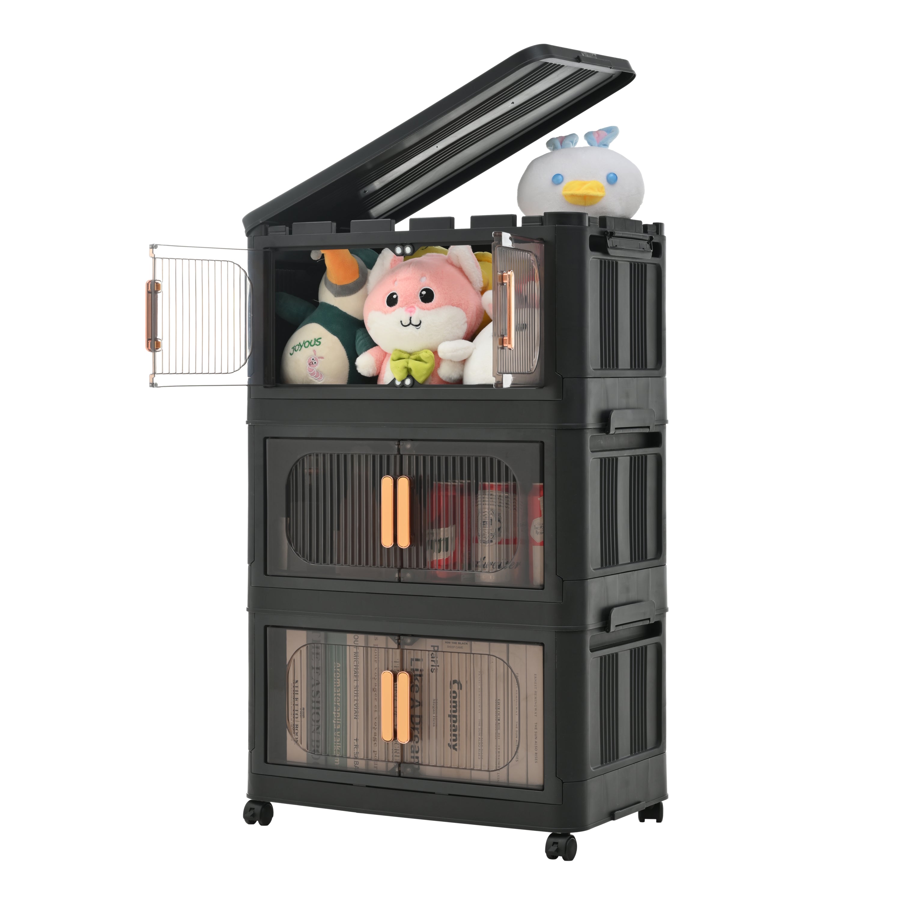 Black,20' Side Wide Folding Storage Cabinet ,4 Tiers,19.69'×11.81'×40.55',Collapsible Storage Bins with Magnetic Door, Plastic Storage Cabinet with Wheels - Grand Goldman Shop