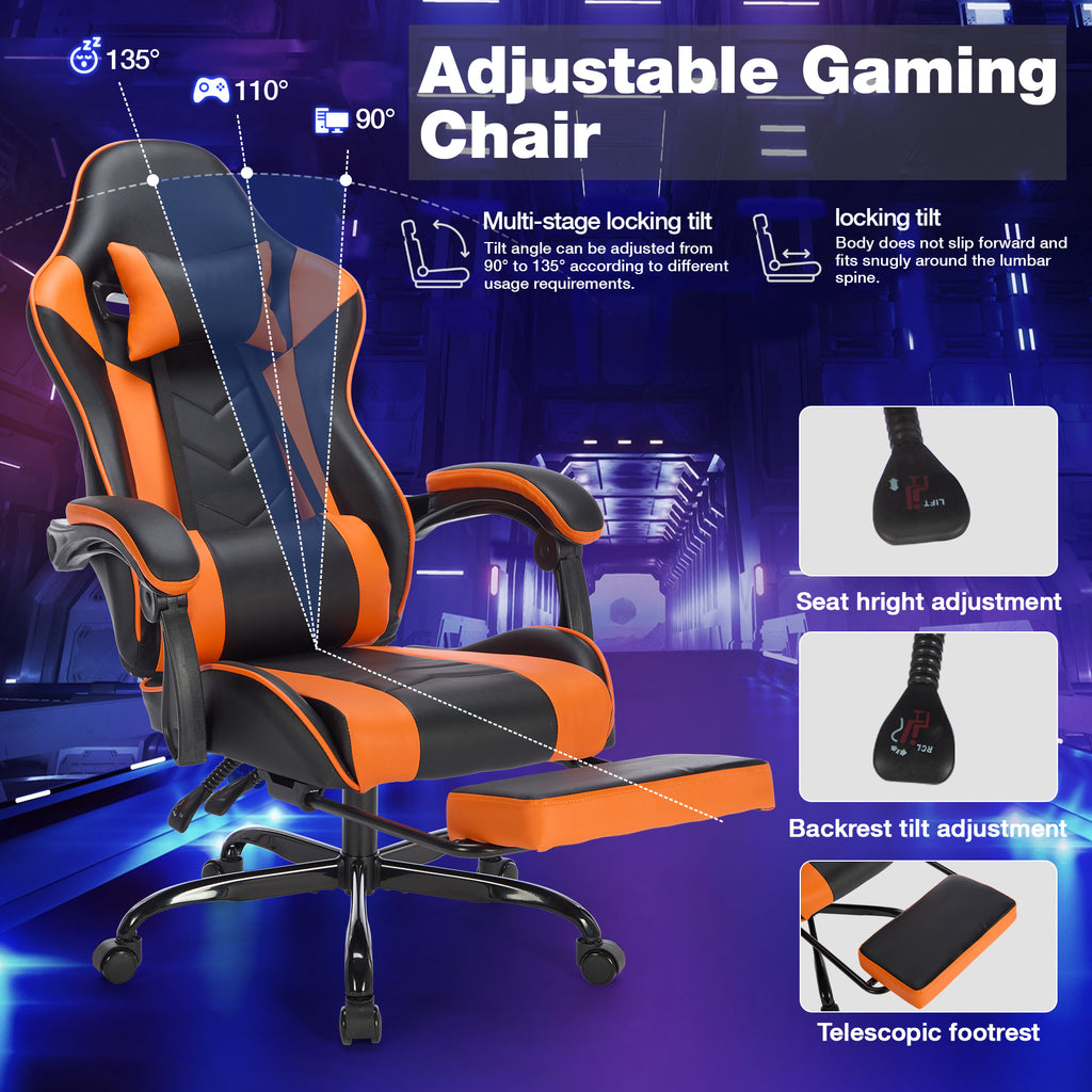 Gaming Chair with Footrest, Ergonomic Computer Chair with Headrest and Lumbar Support, Breathable Material Height Adjustable 