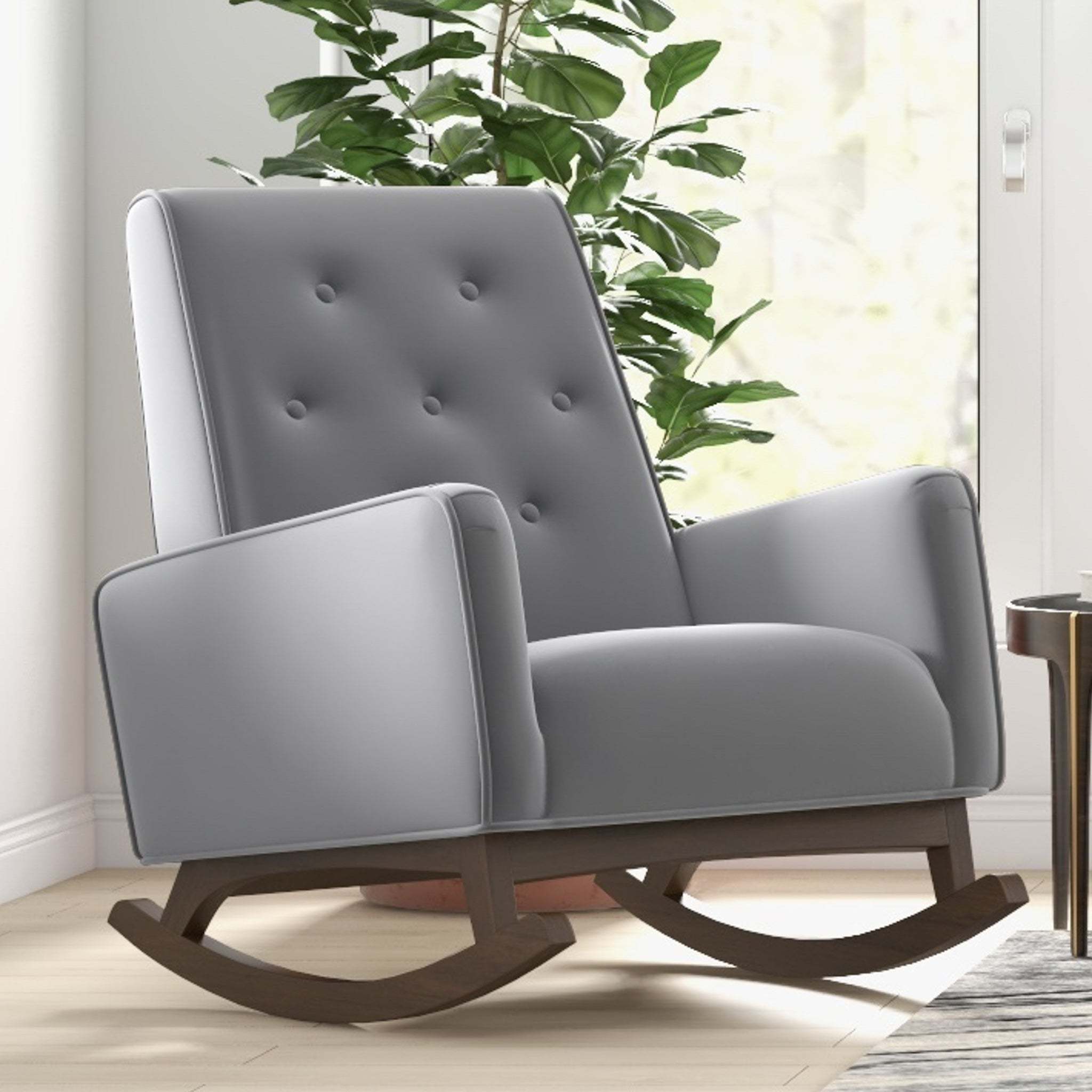 Premium Demetrius Light Grey Fabric Solid Wood Rocking Chair for Living Room and Nursery 36.6'H x 27.5'W x 39'D or Living Room Bedroom Reading - Grand Goldman Shop