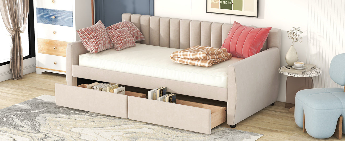 Twin Size Upholstered daybed with Drawers, Wood Slat Support, Beige - Grand Goldman Shop