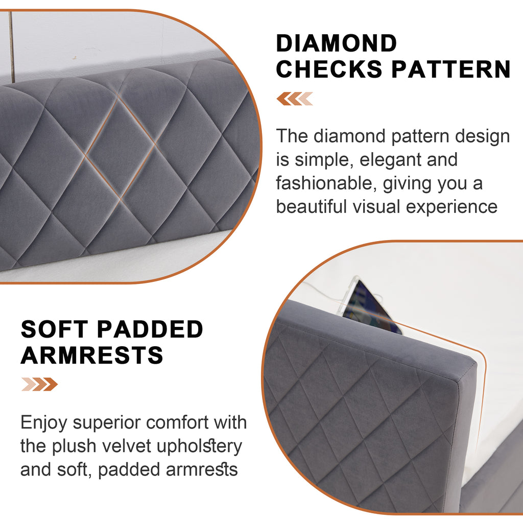 Grey velvet daybed, sturdy wooden bed frame, modern diamond grid pull-out design, perfect for bedroom, living room furniture - Grand Goldman Shop