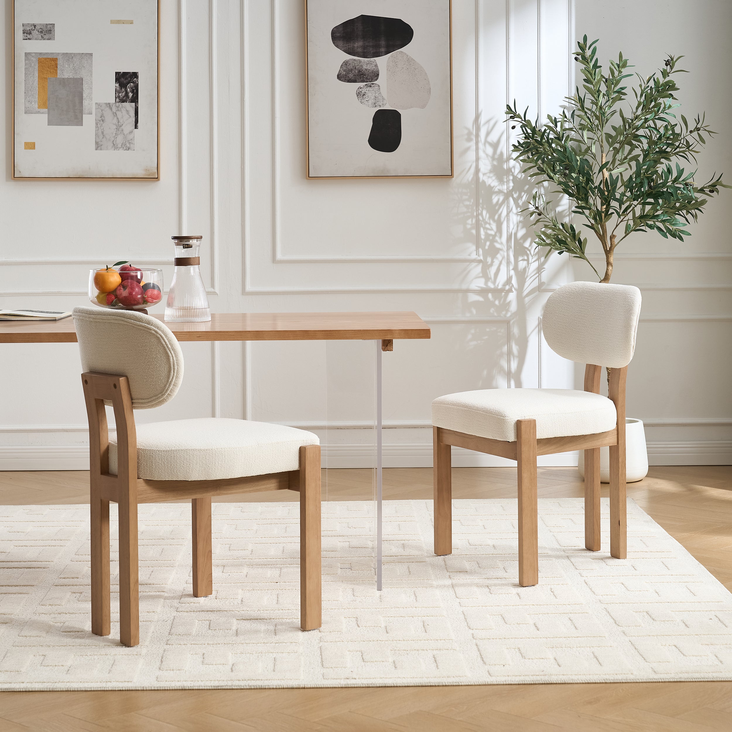 Modern Farmhouse Dining Chairs Set of 2 in Beige, Fabric Upholstered Wooden Kitchen Chairs with Ergonomic Backrest and Adjustable Feet, Rubber Wood Frame - Grand Goldman Shop