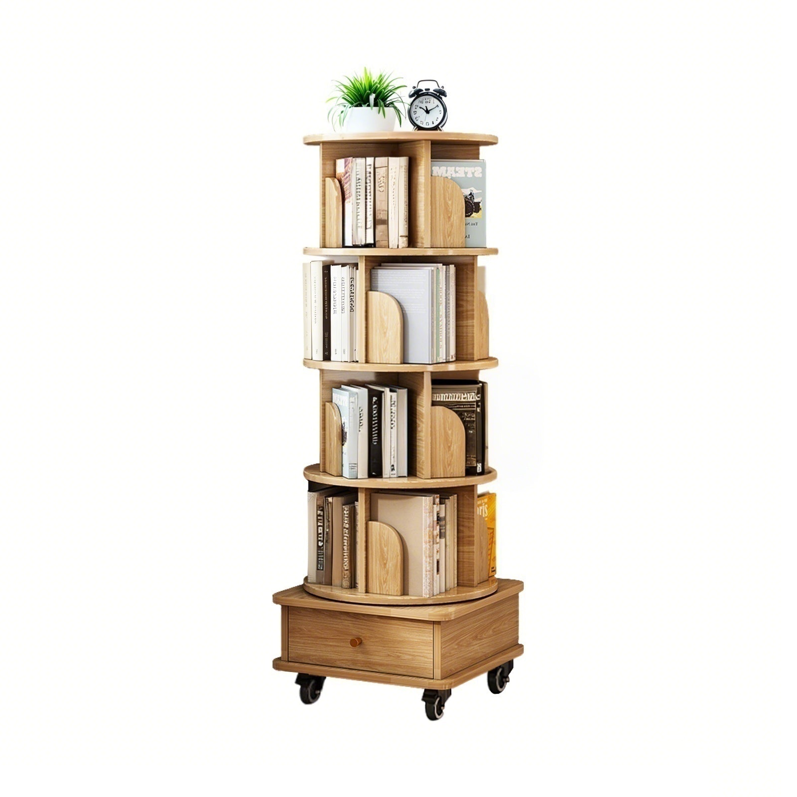 5 Tier Rotating Bookshelf, 360° Display Round Spinning Bookshelf with Wheels, Space-Saving, Small Space Rotating Bookshelf Tower for Bedroom, Living Room, Home, Office, Wood Color - Grand Goldman Shop