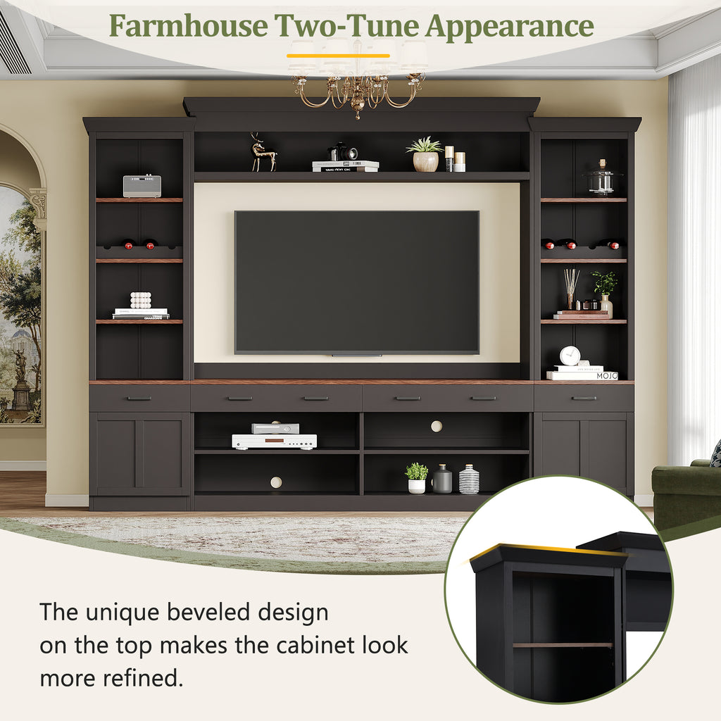 Farmhouse Entertainment Wall Unit with Bookshelf for TVs Up to 70', Walnut TV Stand with Adjustable Shelves, Mid-Century Media Console with Wine Rack for Living Room, Black (NEW SKU: N721S000046B-2) - Grand Goldman Shop