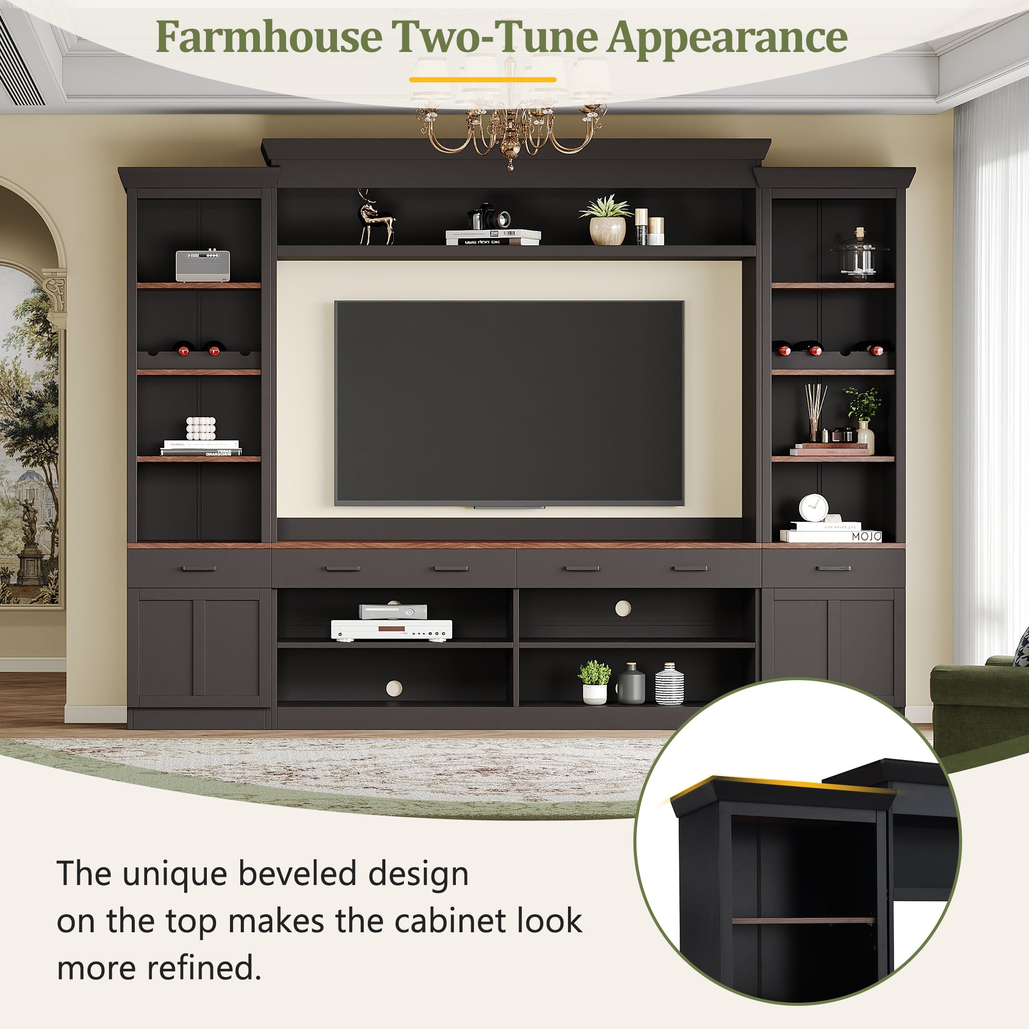 Farmhouse Entertainment Wall Unit with Bookshelf for TVs Up to 70', Walnut TV Stand with Adjustable Shelves, Mid-Century Media Console with Wine Rack for Living Room, Black (NEW SKU: N721S000046B-2) - Grand Goldman Shop