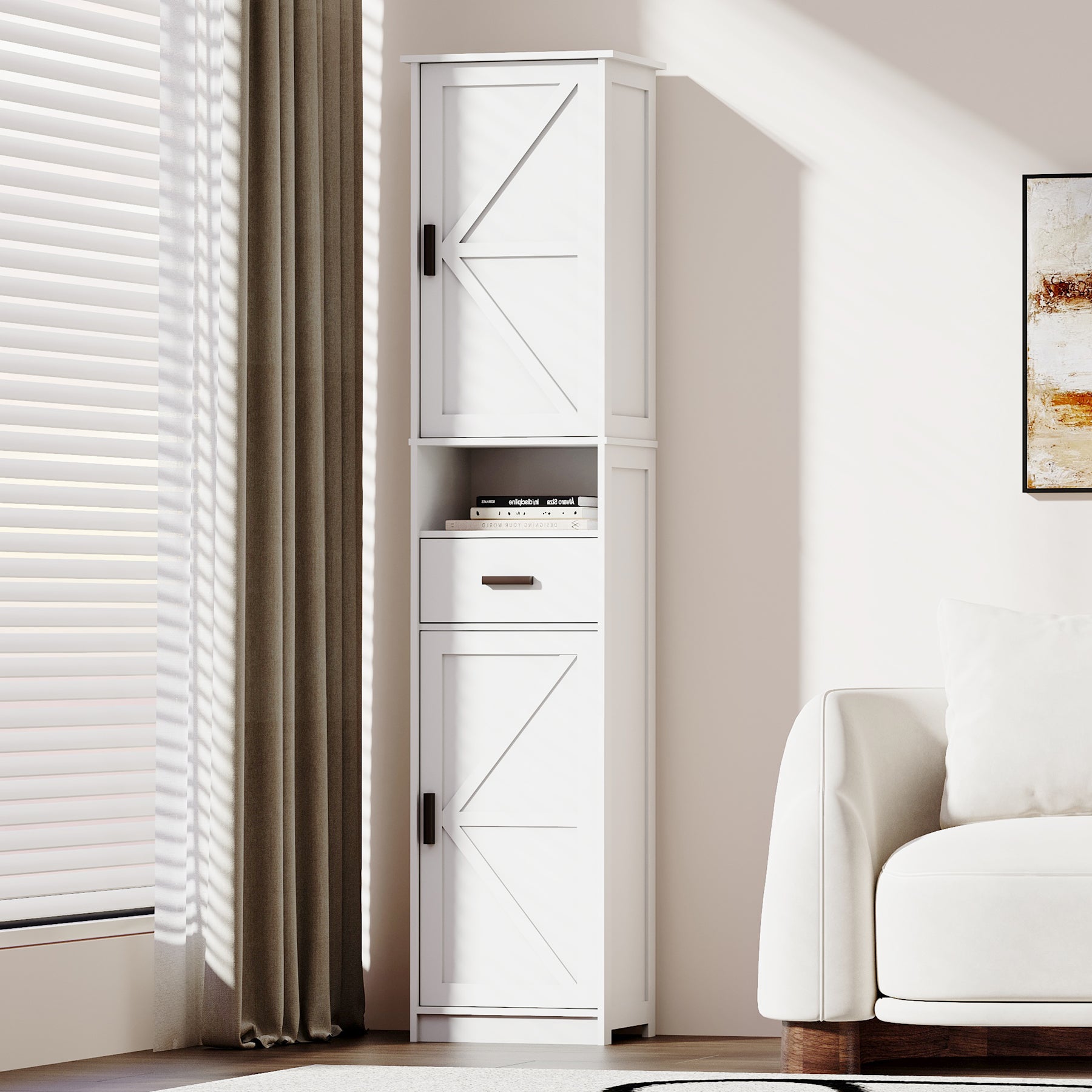69' H Tall Bathroom Storage Cabinet with 2 Barn Doors and 1 Drawer, Narrow Storage Unit, Adjustable Shelves,Floor Cabinet for Bathroom, Living Room, Entryway,Kitchen,(White) - Grand Goldman Shop