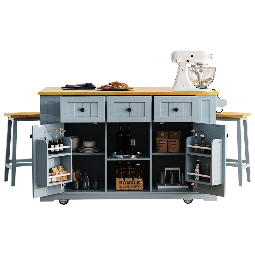 K&K 53inch Large Kitchen Island with 2 Bar Stools,Power Outlet,Door Internal Storage Rack,Kitchen Storage Cart on 5 Wheels with Drop Leaf,5 Open Side Racks,3 Drawers,Grey Blue (Three Packages) - Grand Goldman Shop