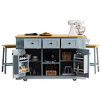 K&K 53inch Large Kitchen Island with 2 Bar Stools,Power Outlet,Door Internal Storage Rack,Kitchen Storage Cart on 5 Wheels with Drop Leaf,5 Open Side Racks,3 Drawers,Grey Blue (Three Packages) - Grand Goldman Shop