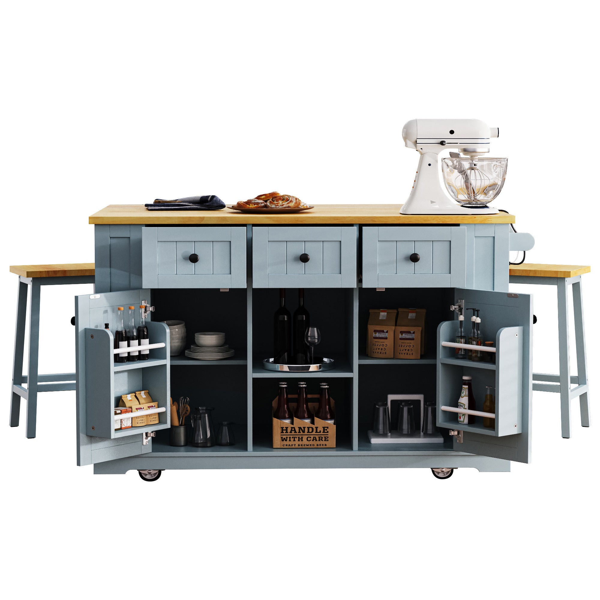K&K 53inch Large Kitchen Island with 2 Bar Stools,Power Outlet,Door Internal Storage Rack,Kitchen Storage Cart on 5 Wheels with Drop Leaf,5 Open Side Racks,3 Drawers,Grey Blue (Three Packages) - Grand Goldman Shop