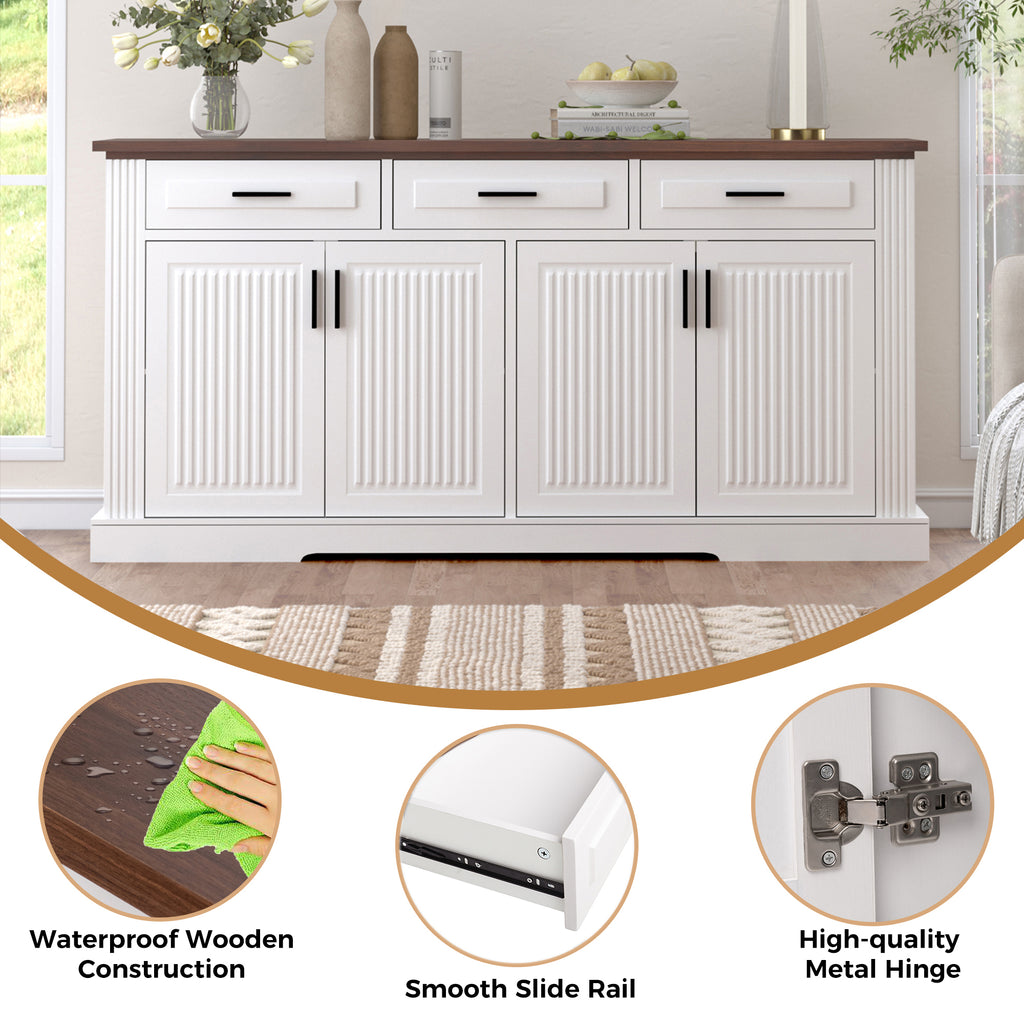 Modern Fluted Sideboard Buffet Cabinet with 4 Doors 3 Drawers, White MDF Storage Console Table for Living Room Dining Room Entryway, 63.11' L x 15.75' W x 32' H - Grand Goldman Shop