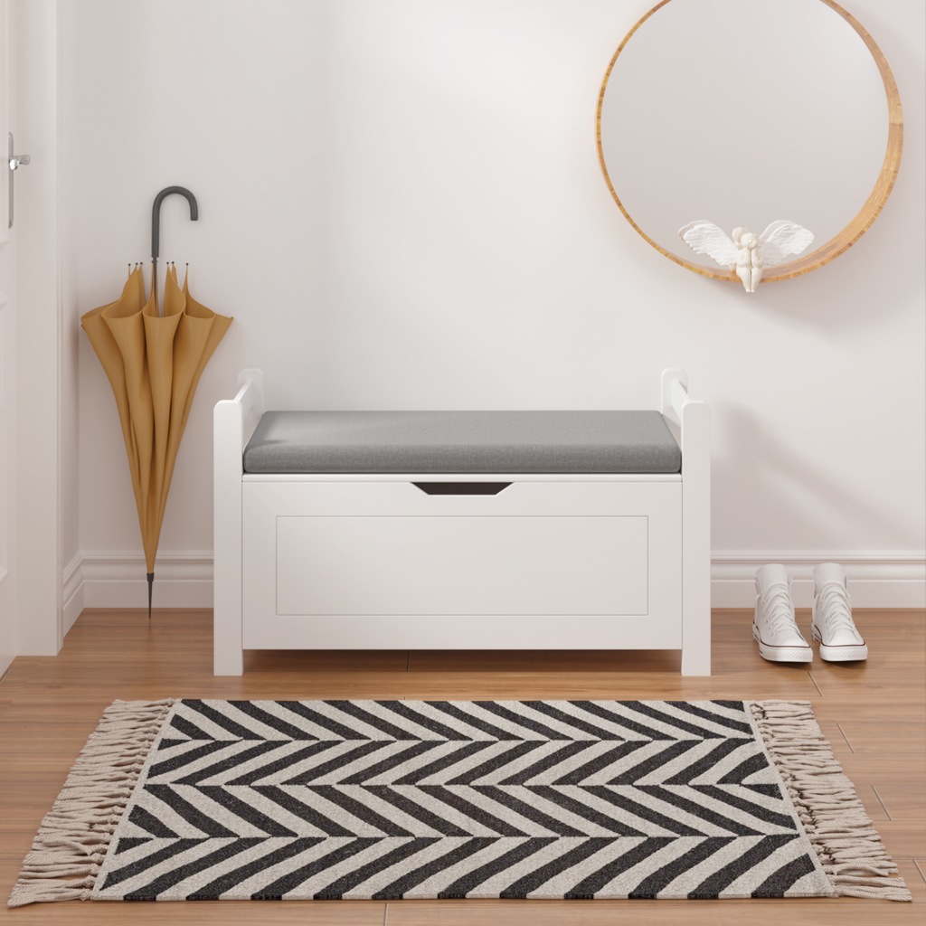 Kids Toy Box Chest White Storage Cabinet with Cushion Seat Bench Flip-Top Lid Safety Hinge for Nursery Playroom | Premium Hom