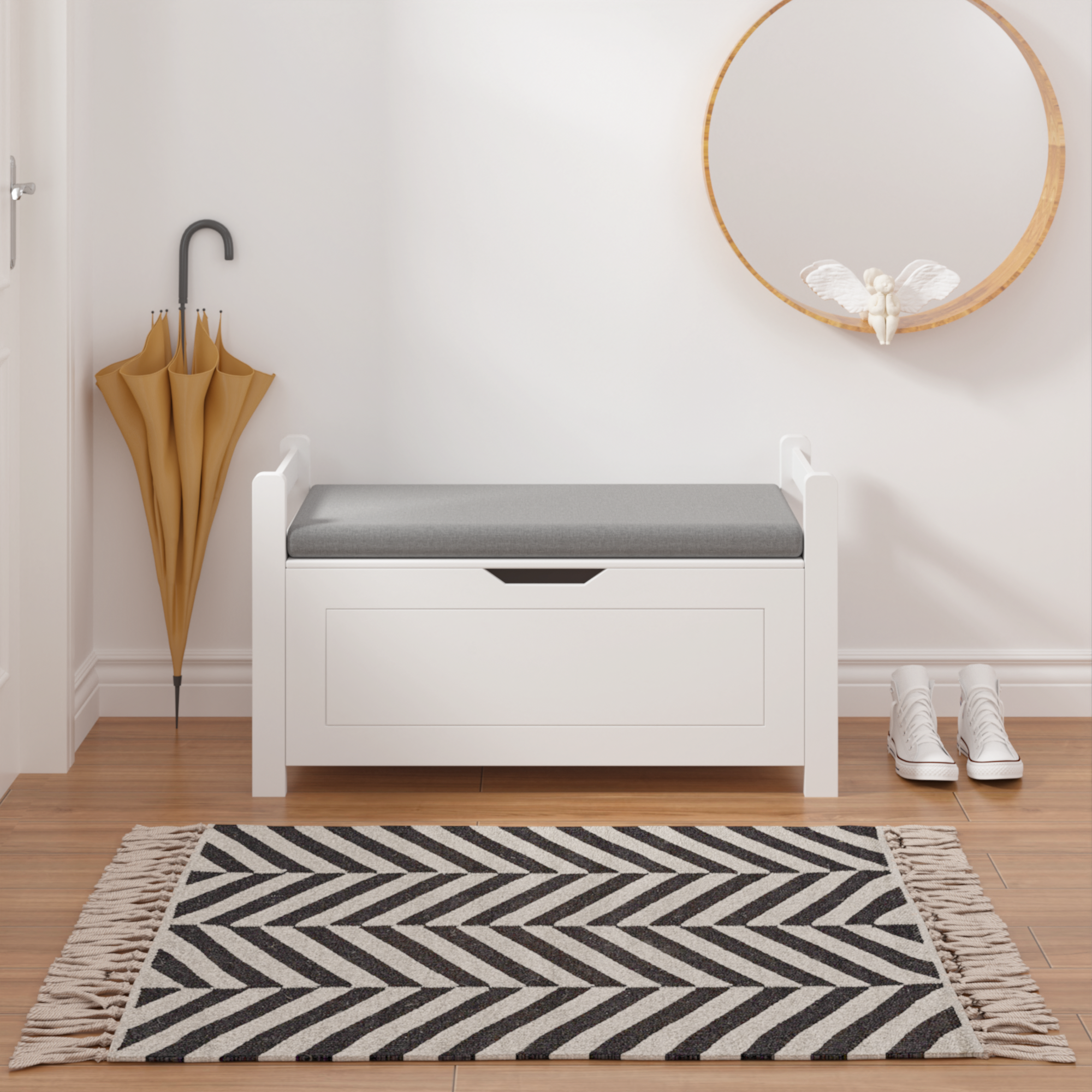 Kids Toy Box Chest White Storage Cabinet with Cushion Seat Bench Flip-Top Lid Safety Hinge for Nursery Playroom | Premium Hom