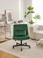 Green Velvet Criss Cross Armless Office Chair with Wheels - Comfortable & Stylish for Home Office, Meditation, and Makeup Use