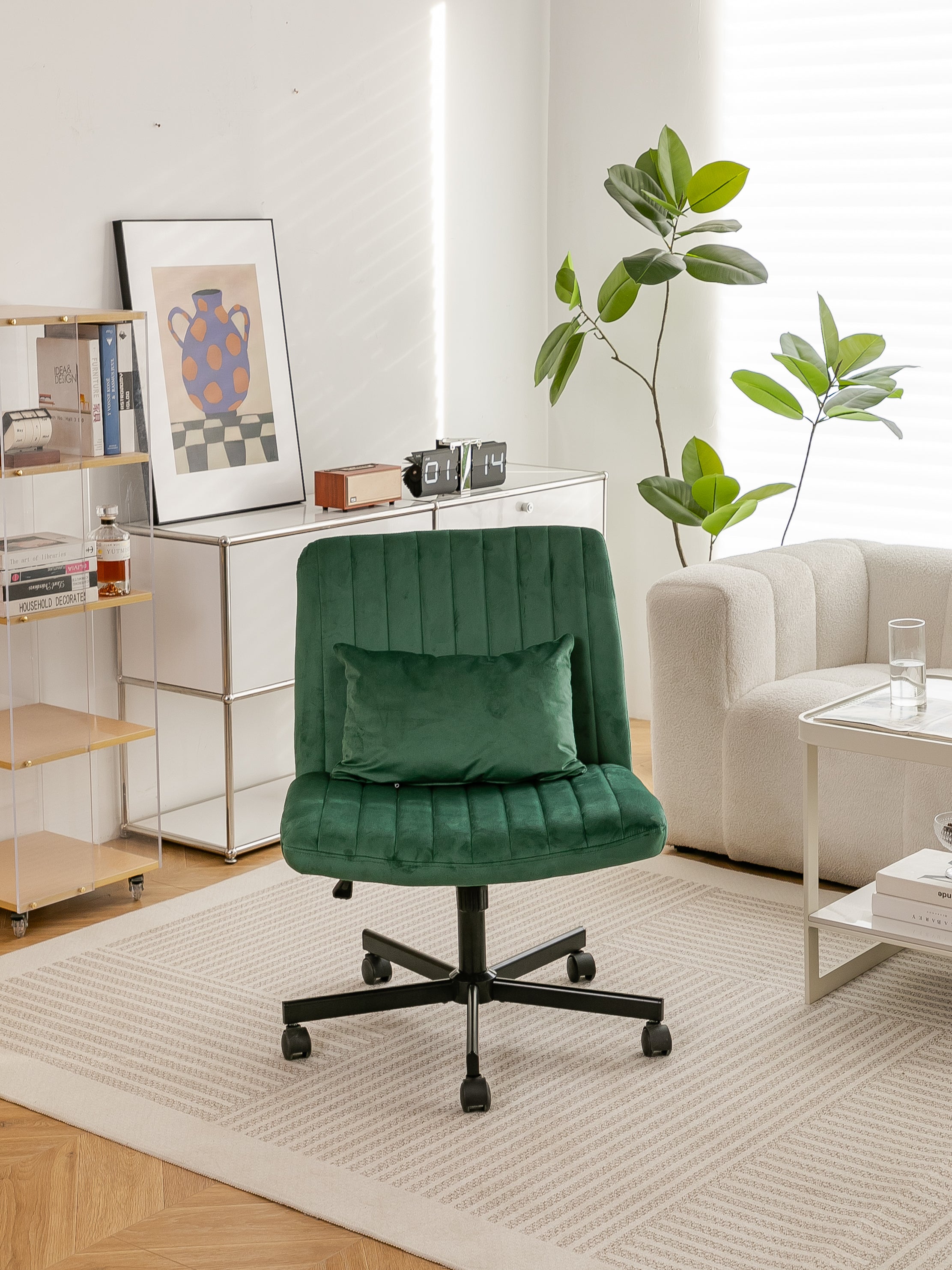 Green Velvet Criss Cross Armless Office Chair with Wheels - Comfortable & Stylish for Home Office, Meditation, and Makeup Use