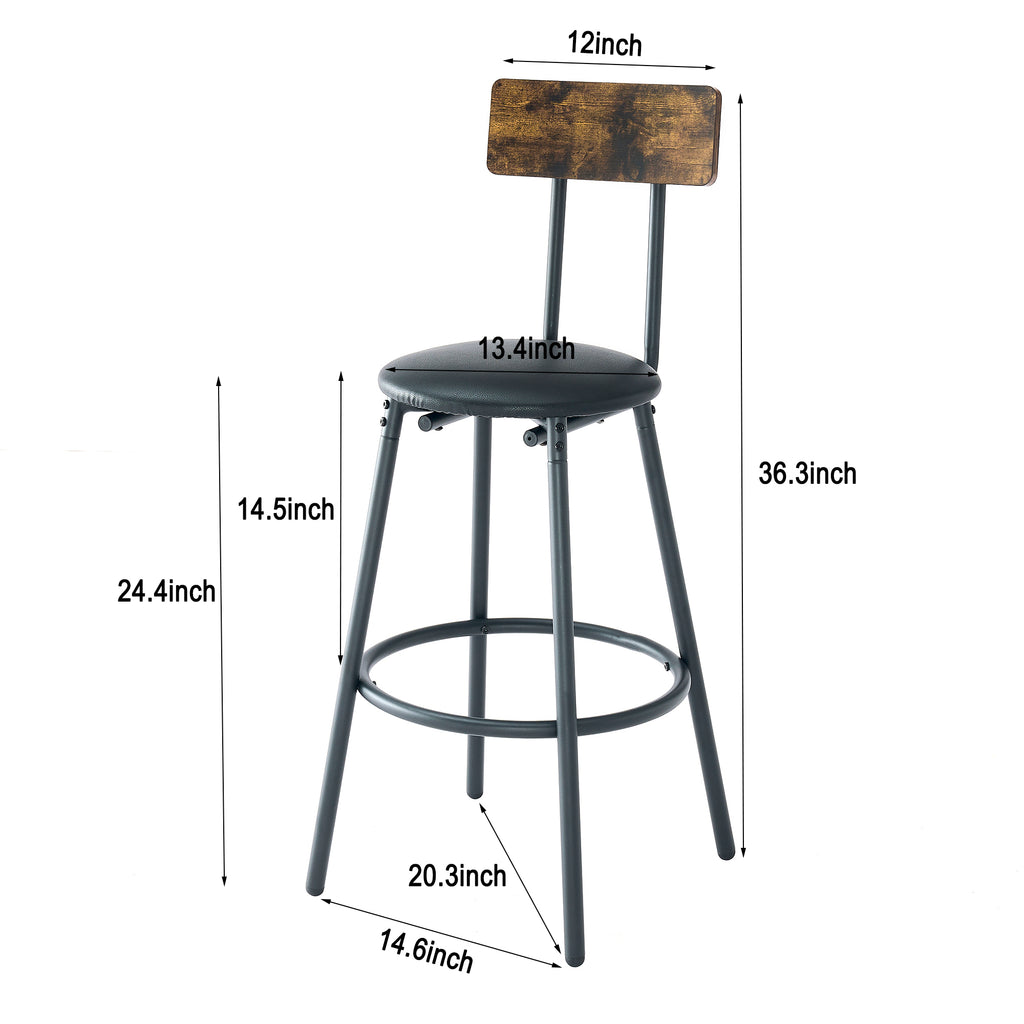 Rustic Brown Round Bar Table and Stool Set with Shelf, Upholstered Stool with Backrest, Metal & Wood, 24.17'W x 24.17'D x 36.02'H - Grand Goldman Shop