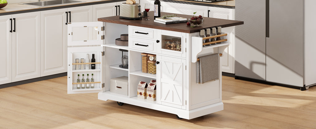 K&K 54.9' Kitchen Island with Drop Leaf, Power Outlet, Kitchen Storage Cart with 4 Door Shelves, Cross Barn Doors & Visual Glass Door, Rolling Kitchen Island on 4 Wheels for Kitchen, Dining Room,White - Grand Goldman Shop