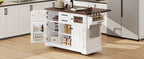 K&K 54.9' Kitchen Island with Drop Leaf, Power Outlet, Kitchen Storage Cart with 4 Door Shelves, Cross Barn Doors & Visual Glass Door, Rolling Kitchen Island on 4 Wheels for Kitchen, Dining Room,White - Grand Goldman Shop