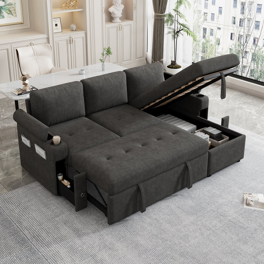 Black Convertible L-shaped Sofa Couch with Storage, Cup Holders, USB Ports, Chenille Fabric, 83.5' - Grand Goldman Shop