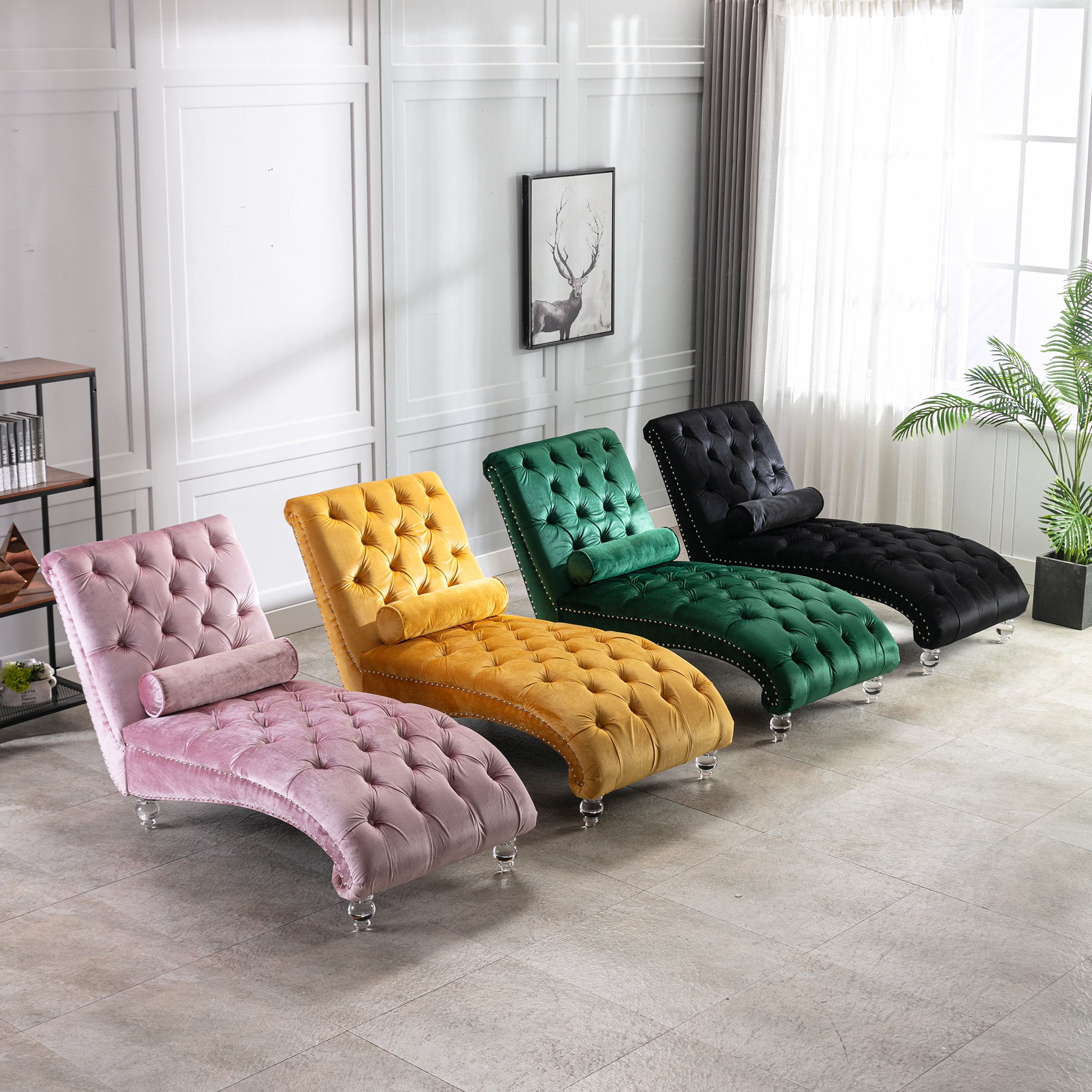 Velvet Chaise Lounge Indoor, Button-Tufted Upholstered Chair with Pillow, Black Velvet, 63.38x28.94x34.05 inches - Grand Goldman Shop