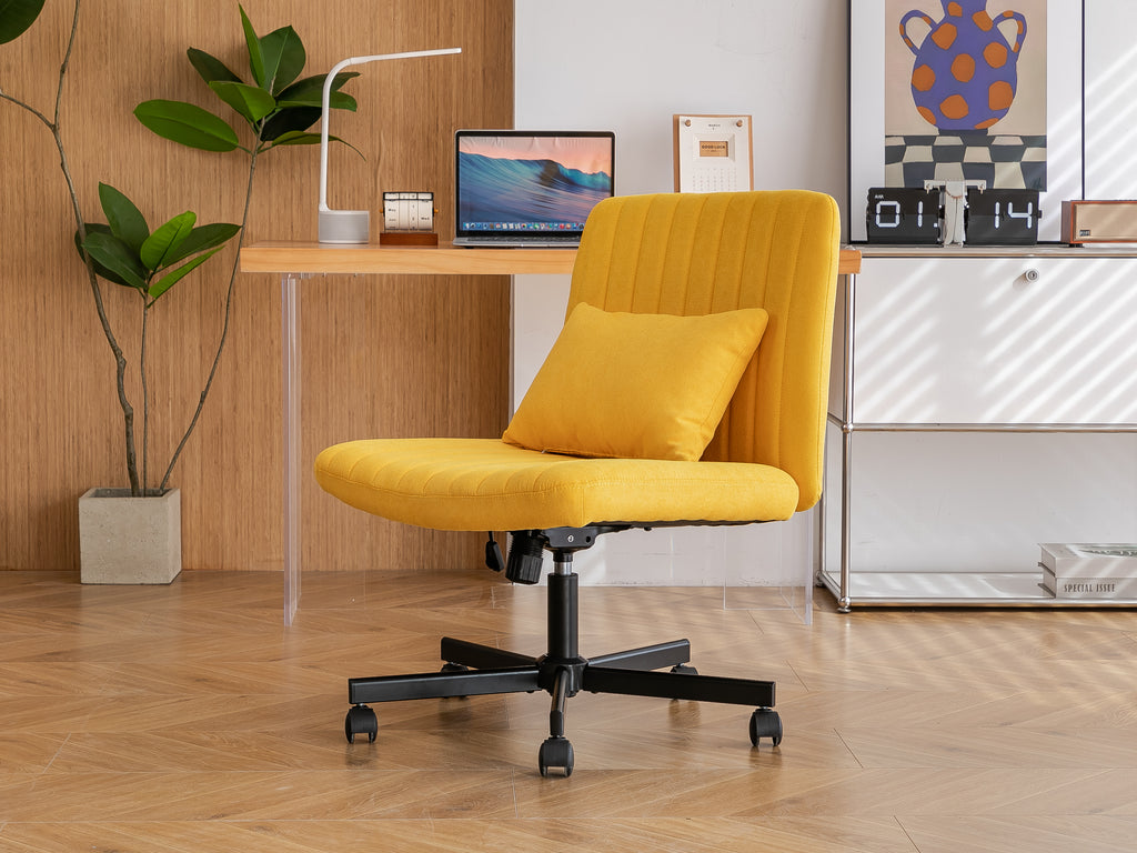 Yellow Linen Criss Cross Armless Office Chair with Wheels - Modern Comfort for Home Office, Meditation & Makeup Spaces | Prem