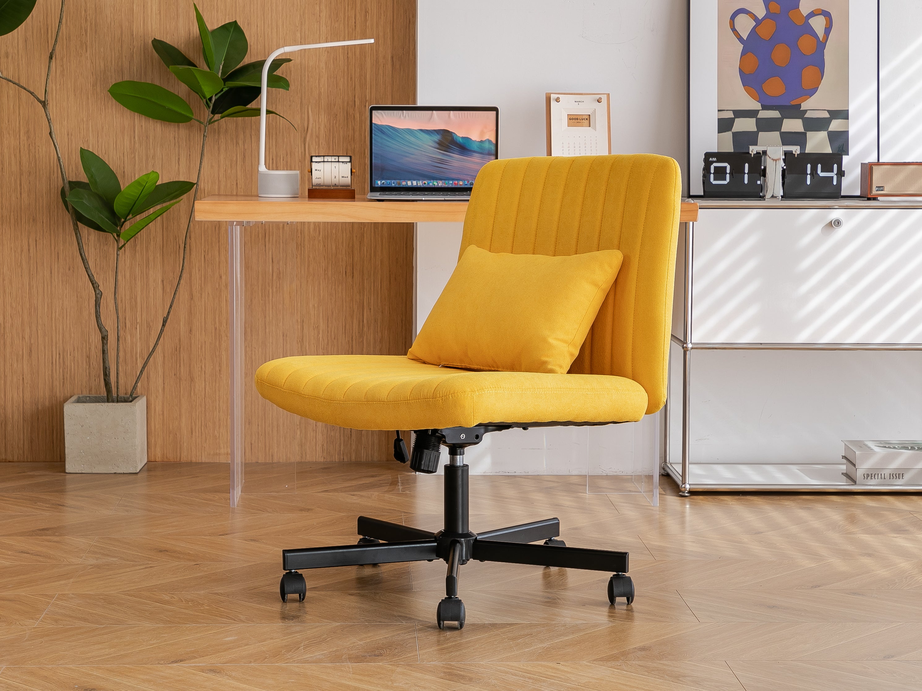 Yellow Linen Criss Cross Armless Office Chair with Wheels - Modern Comfort for Home Office, Meditation & Makeup Spaces | Prem