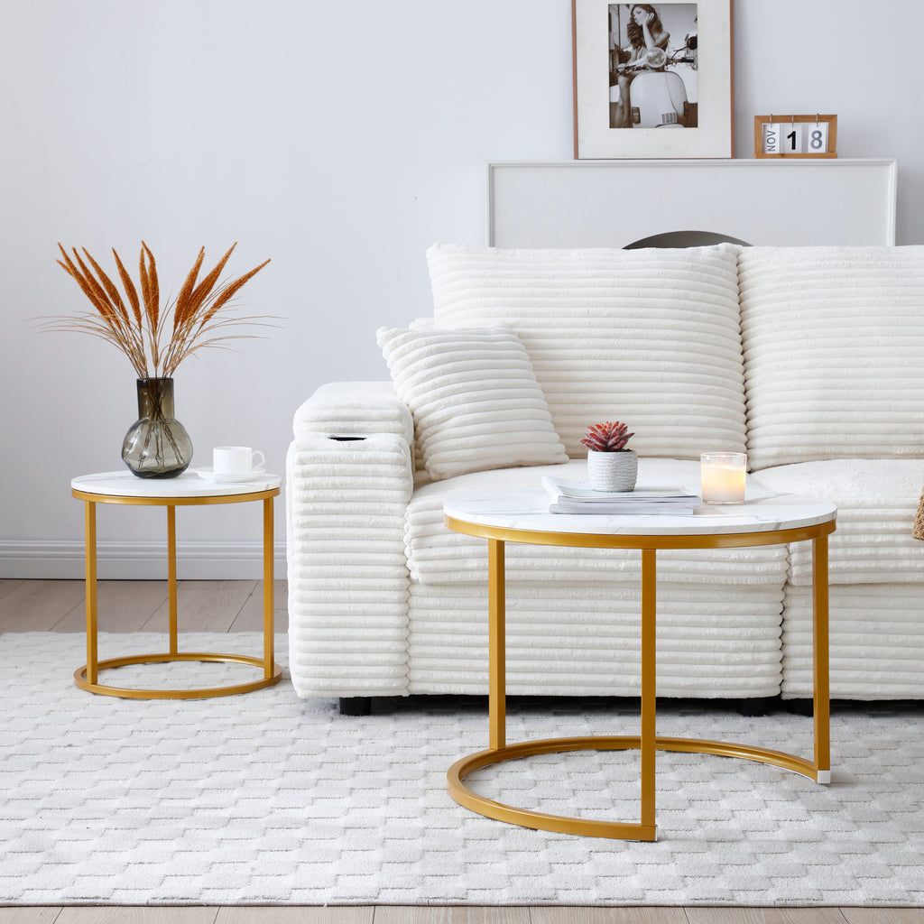 Set 2 Coffee Table Nesting White and gray top  Golden Frame Circular Round and Marble Pattern Wooden Tables, Living Room Bedroom Apartment Modern Industrial Simple Nightstand - Grand Goldman Shop