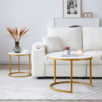 Set 2 Coffee Table Nesting White and gray top  Golden Frame Circular Round and Marble Pattern Wooden Tables, Living Room Bedroom Apartment Modern Industrial Simple Nightstand - Grand Goldman Shop