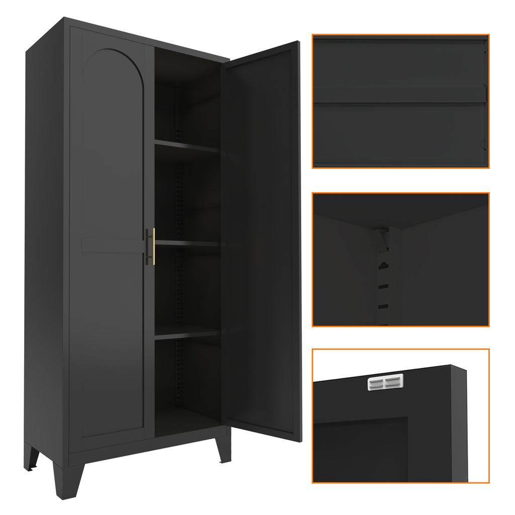 61'' 2 Shapely Doors Cabinet, Metal Storage Cabinet with Doors and Adjustable Shelves, for Bedroom, Living Room(Black) - Grand Goldman Shop